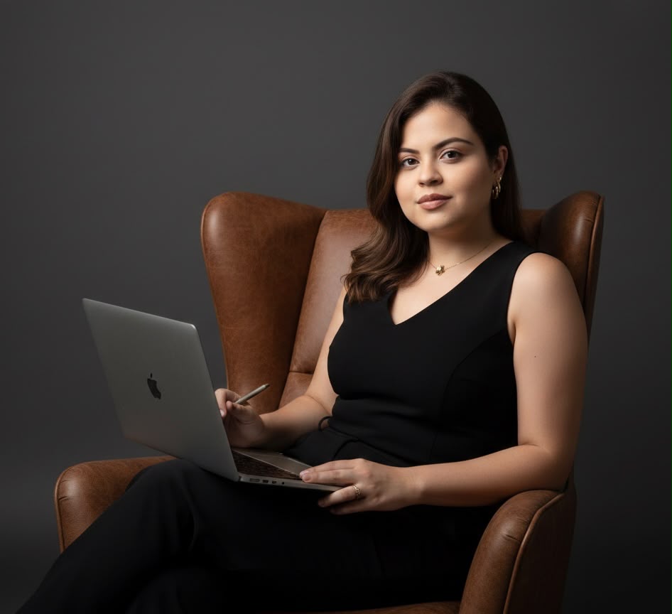 Beatriz Sousa trabalhando no notebook